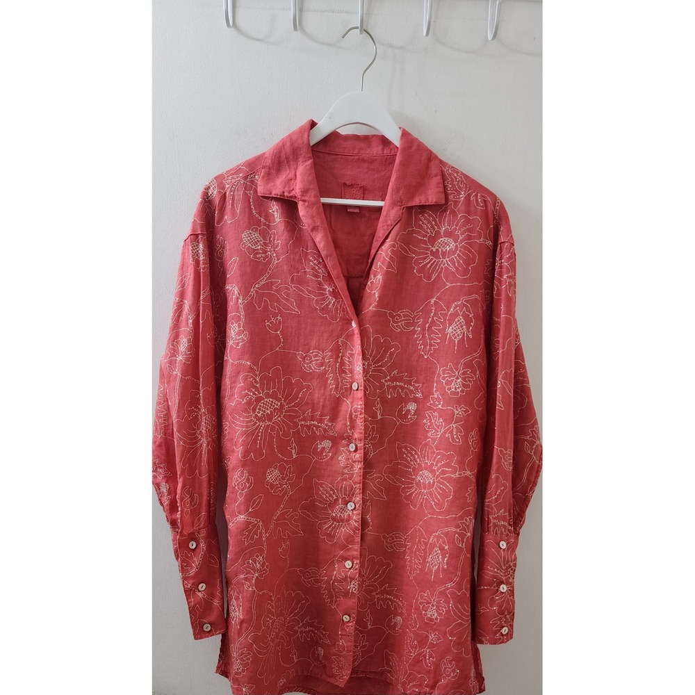 120% Lino Coral Red Floral Embroidered Linen Button Down Shirt IT 40 VSW19LU